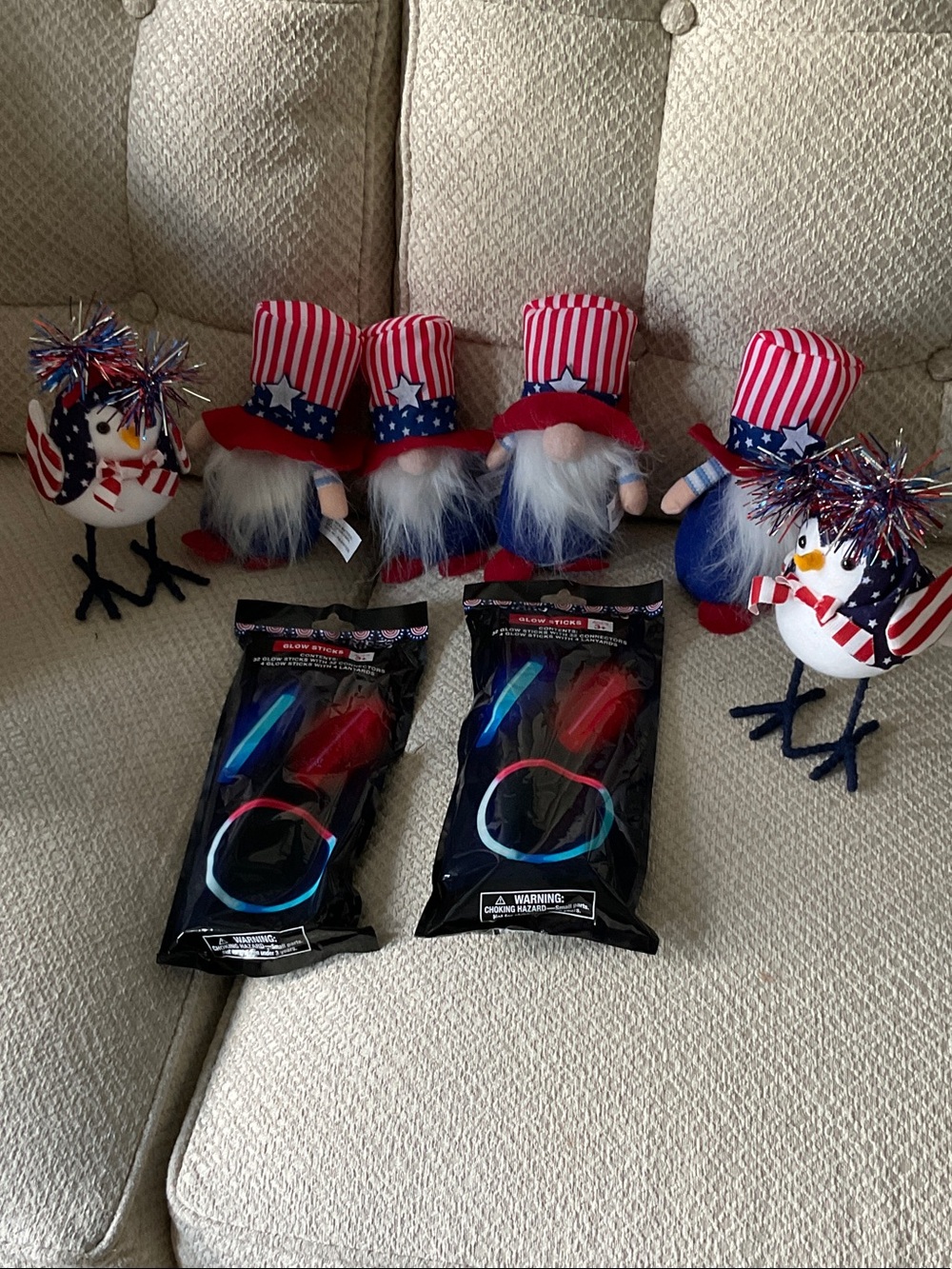 Patriotic Red White & Blue Gnome, glow sticks and Bird Party Set